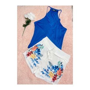 Royal Blue Top & Floral Print White Shorts